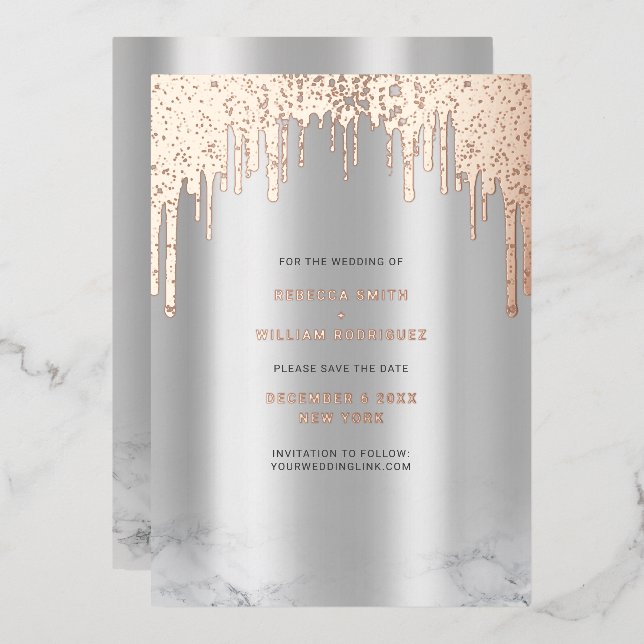 Save The Date Silver Pink Glitter Drips Foil Cards (Front/Back)