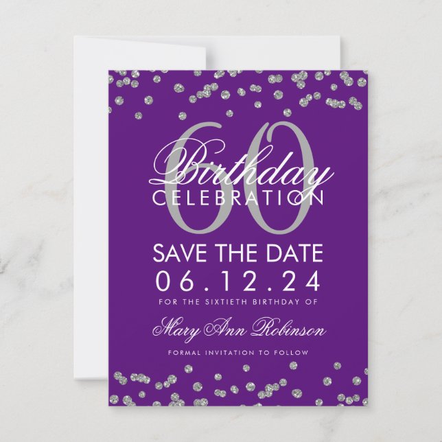 Save The Date Silver Purple 60e anniversaire Date de sauvegarde  (Devant)