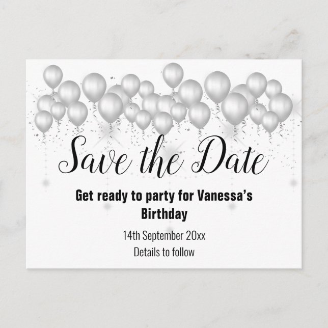 SAVE THE DATE SILVER WHITE BLACK Balloons Announcement Postcard (Front)