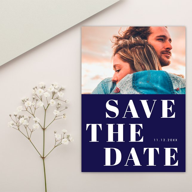 Save The Date Simple 1 Photo Bold Marine bleu et blanc Mariage (Front)