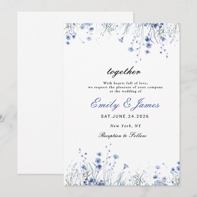 Save The Date simple aquarelle Floral Dusty Blue mariage invita (Devant / Derrière)