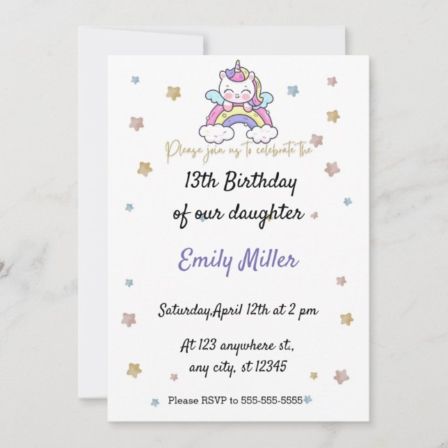 Save The Date Simple blanc Unicorne 13ème anniversaire invitatio (Devant)