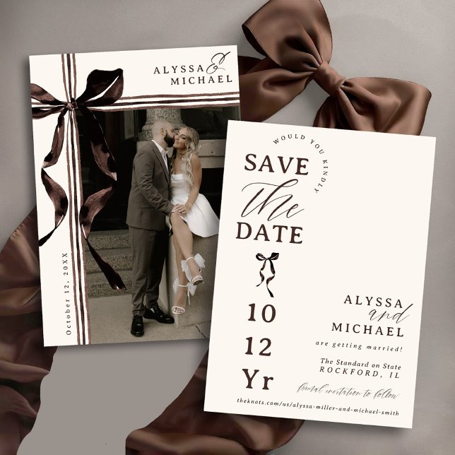 Save The Date Simple Brown and Ivory Bow Elegant Photo Wedding (Elegant modern watercolor brown and ivory coquette bow ribbon typography photo wedding save the date)