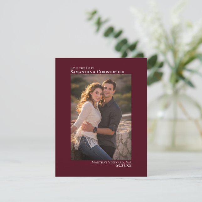 Save The Date Simple Burgundy Vertical Photo Minimaliste Mariage (Debout devant)