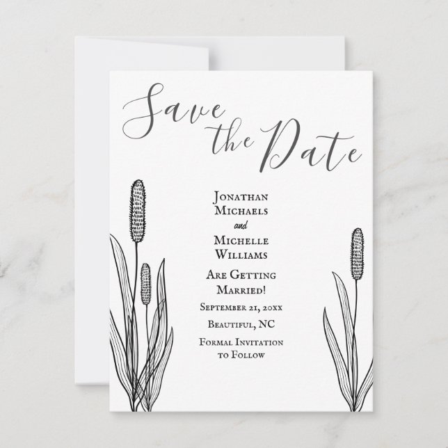 Save The Date Simple Cattails Mariage noir et blanc (Devant)