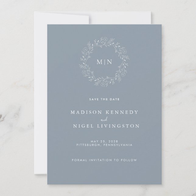 Save The Date Simple classique Dusty Blue Leafy Crest Fleurs sau (Devant)