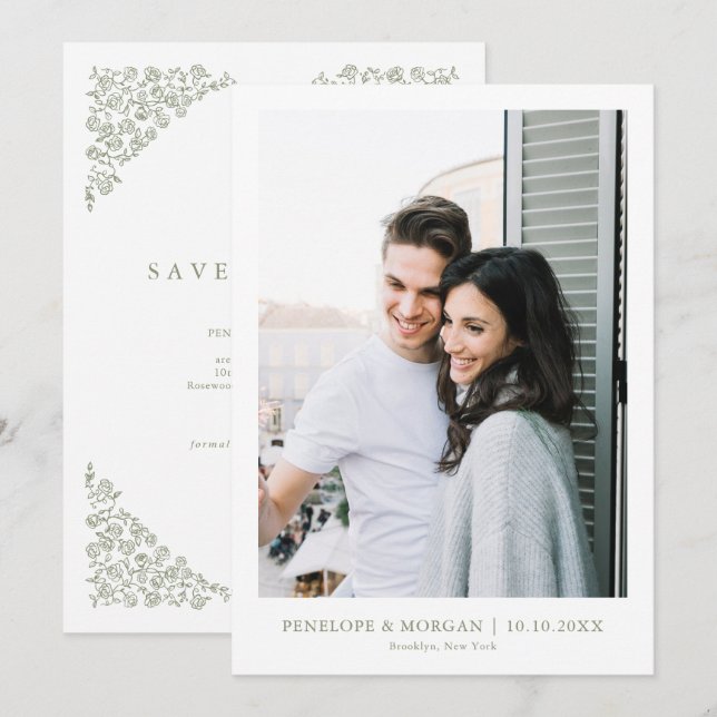 Save The Date Simple Delicate Floral Timeless Sage Green Photo (Devant / Derrière)