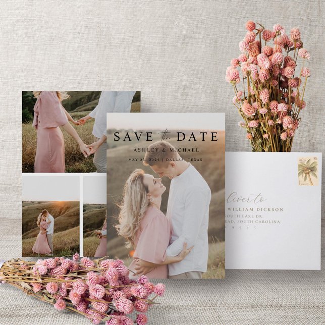 Save The Date Simple Elegant 4 Photo Modern Script Fiançailles (Save the Date!)