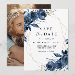 Save The Date Simple Élégant Mariage Fleurs Bleues Calligraphie 