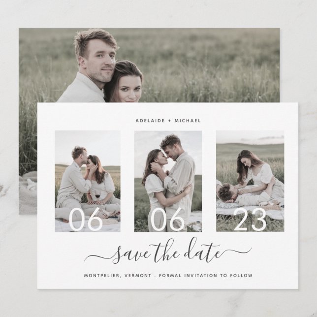 Save The Date Simple Elegant Minimal 4 Photo Collage Mariage (Devant / Derrière)