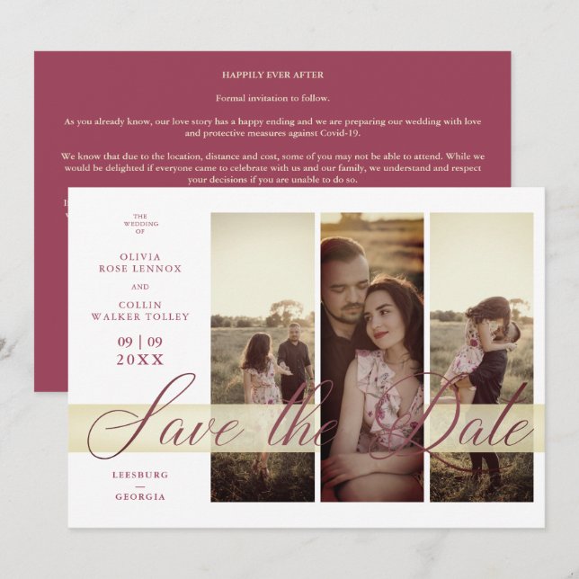 Save The Date Simple Elegant Script 3 Photos Couple in Love (Devant / Derrière)