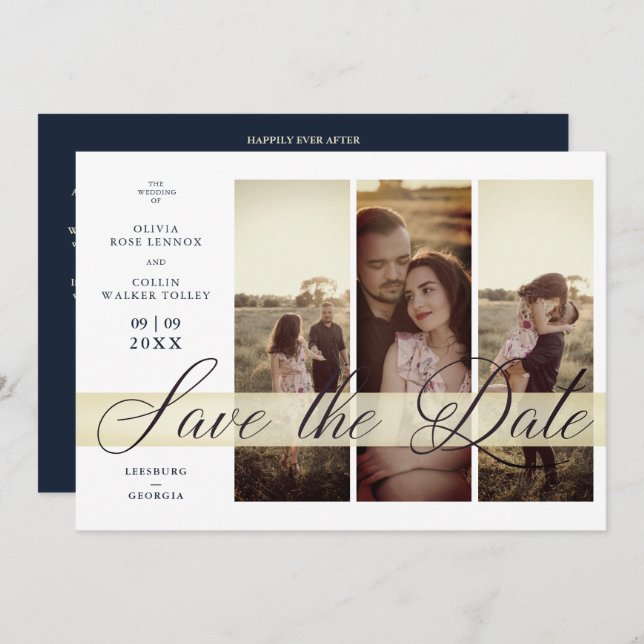 Save The Date Simple Elegant Script 3 Photos Couple in Navy (Devant / Derrière)
