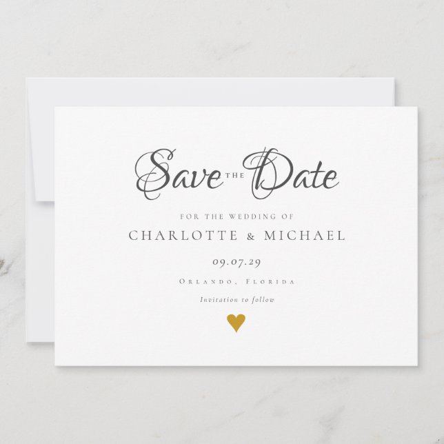 Save The Date Simple Élégant Script Cœur Doré Enregistrer La Dat (Devant)