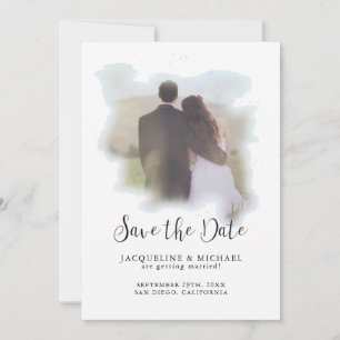 Save The Date Simple Elégant Script Moderne Aquarelle Photo Bleu