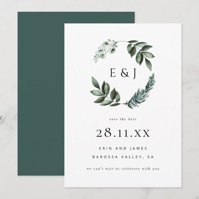 Save The Date Simple Élégante Verdure Minimaliste Wreath Enregis (Devant / Derrière)