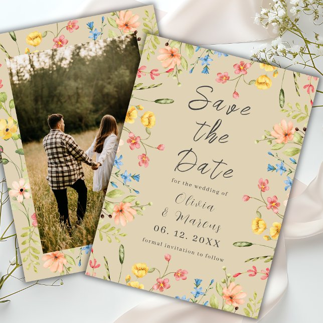 Save The Date Simple Fleur sauvage moderne photo neutre (Créateur téléchargé)