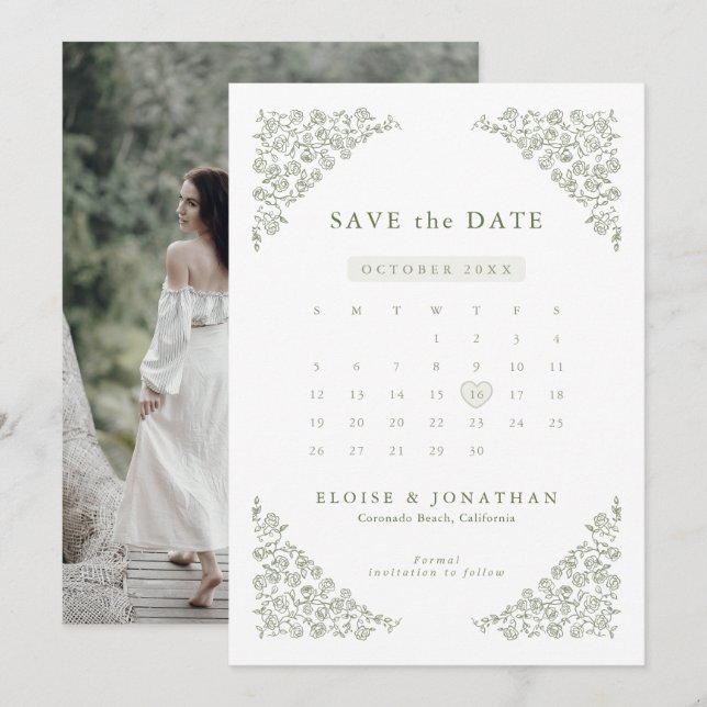 Save The Date Simple Floral Élégant et Intemporel Vert Sauge  Ph (Devant / Derrière)