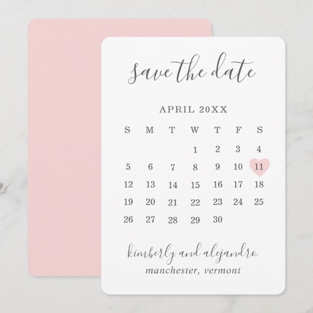 Save The Date Simple mignon Mariage de Calender Coeur Rose (Devant / Derrière)