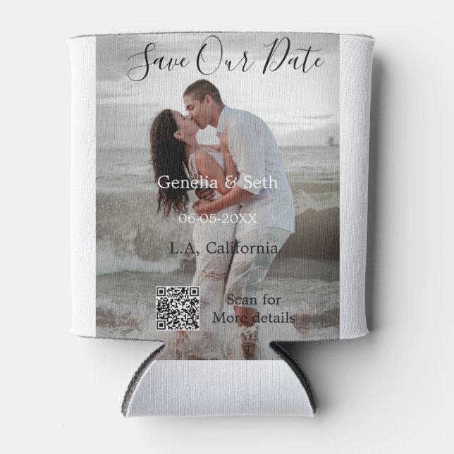 Save the date simple minimal QR scan code details  Can Cooler (Front)