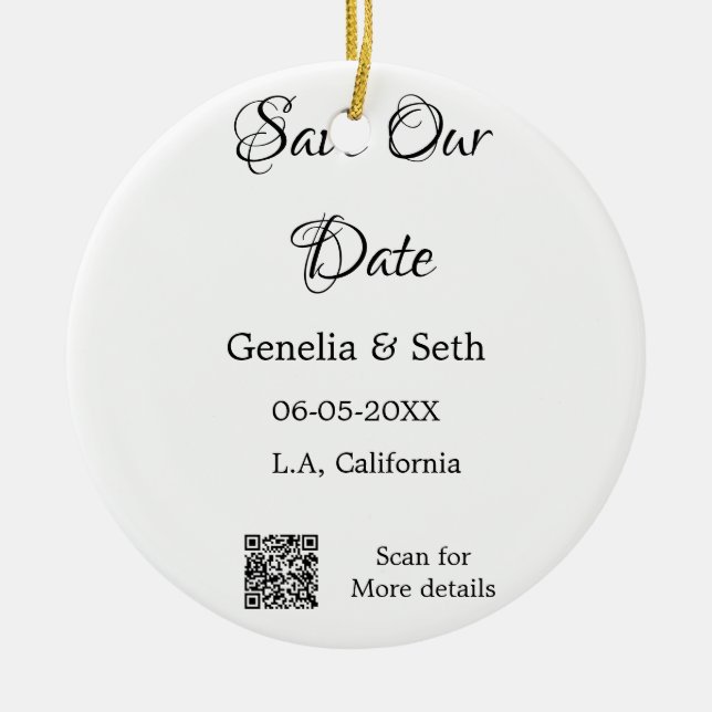 Save the date simple minimal QR scan code details  Ceramic Ornament (Front)