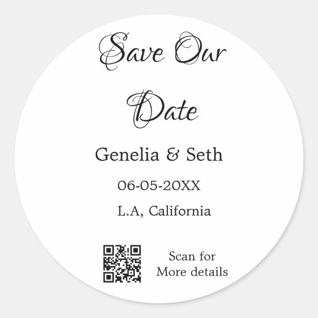 Save the date simple minimal QR scan code details  Classic Round Sticker (Front)