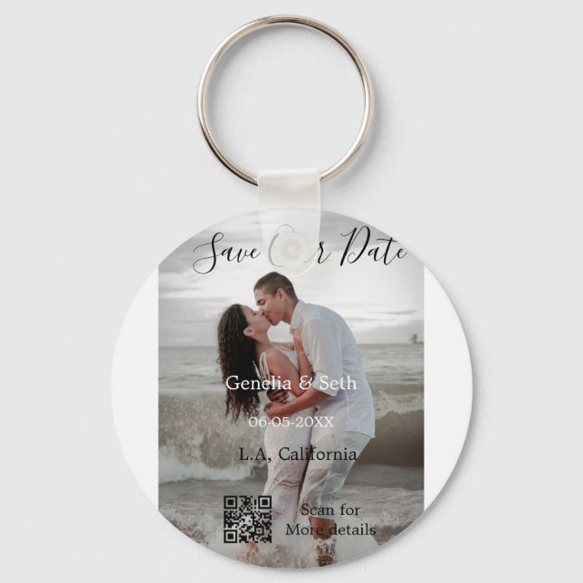 Save the date simple minimal QR scan code details  Keychain (Front)