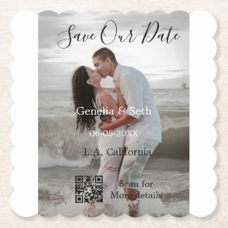 Save the date simple minimal QR scan code details  Paper Coaster