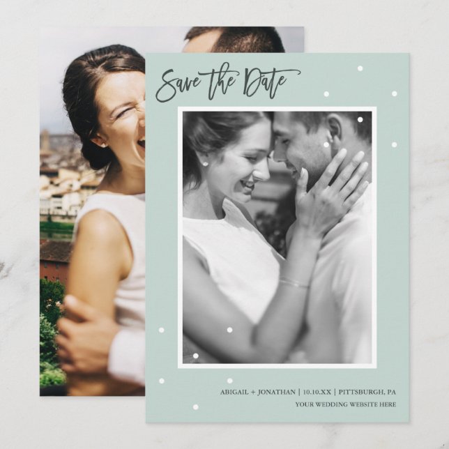 Save The Date Simple Mint with White Dots Photo Enregistrer la d (Devant / Derrière)