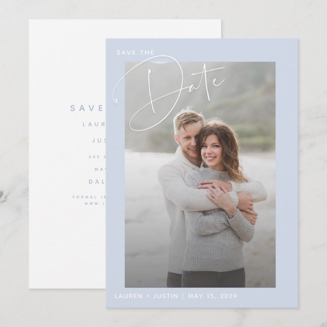 Save The Date Simple moderne Mariage photo bleu et blanc (Devant / Derrière)