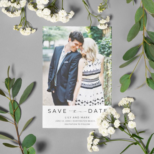 Save The Date Simple moderne Mariage photo noir blanc (Simple Modern Black White Photo Wedding Save The Date)