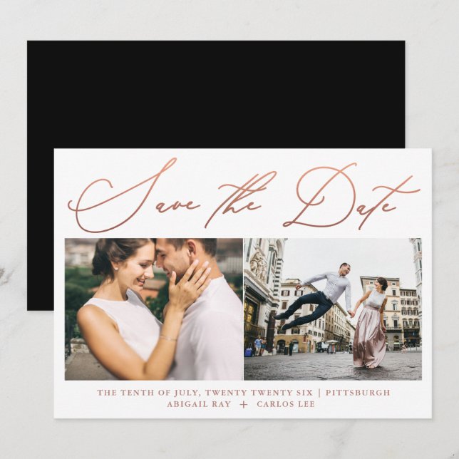 Save The Date Simple moderne Rose Gold Script photo noir (Devant / Derrière)