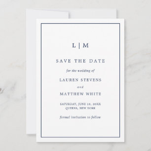 Save The Date Simple Monogramme Bleu Marine Élégant de Mariage