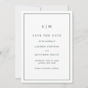 Save The Date Simple Monogramme Vert Forêt Mariage Élégant