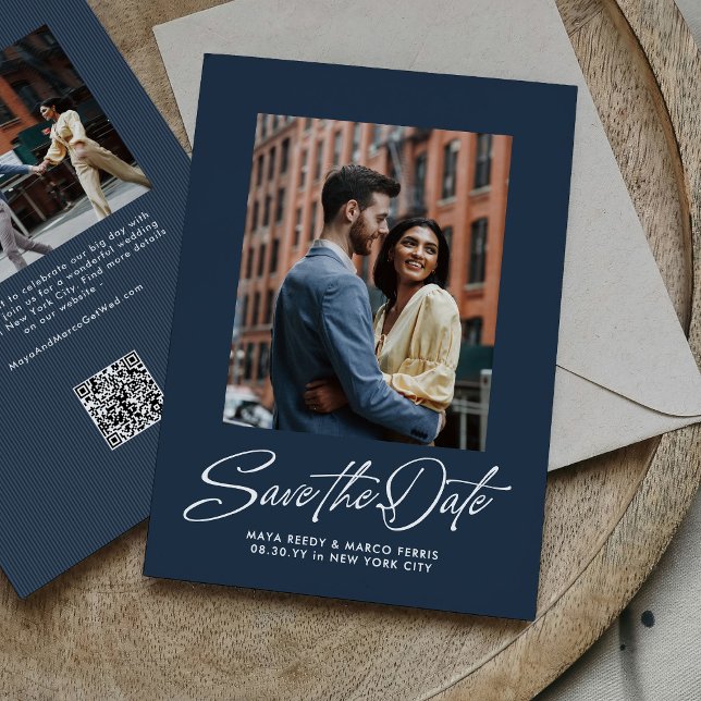 Save The Date Simple navy blue trendy script two photo wedding (Créateur téléchargé)