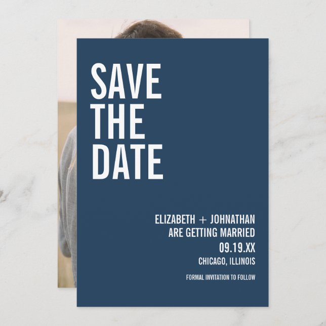 Save The Date Simple Navy Typographie Mariage Photo (Devant / Derrière)