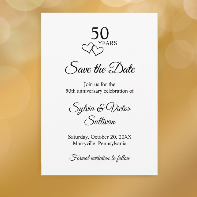 Save The Date Simple Noir & Blanc 50ème Anniversaire de Mariage (Black and white custom elegant script save the date 50th wedding anniversary party invitation 
)