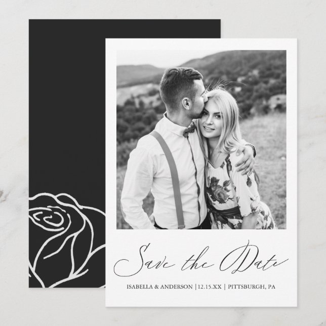 Save The Date Simple noir blanc calligraphie photo florale (Devant / Derrière)