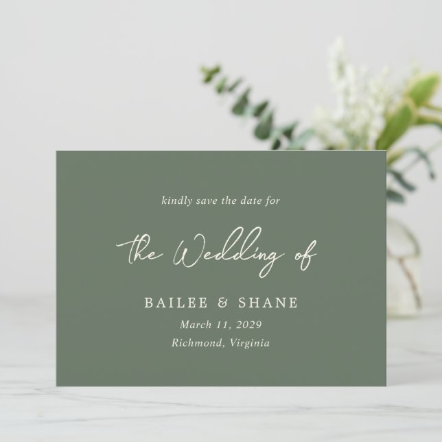 Save The Date Simple Olive Green Mariage moderne (Debout devant)