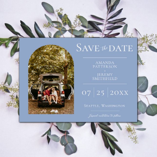 Save The Date Simple Photo d'arche | Bleu poussiéreux Enregistre (Dusty Blue Simple Arch Photo Save the Date)