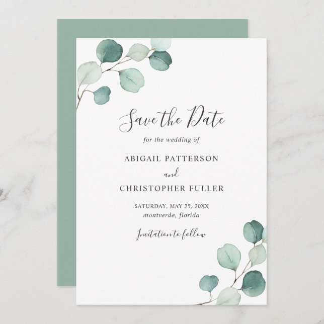 Save The Date Simple Rustique Eucalyptus Verdure Mariage élégant (Devant / Derrière)