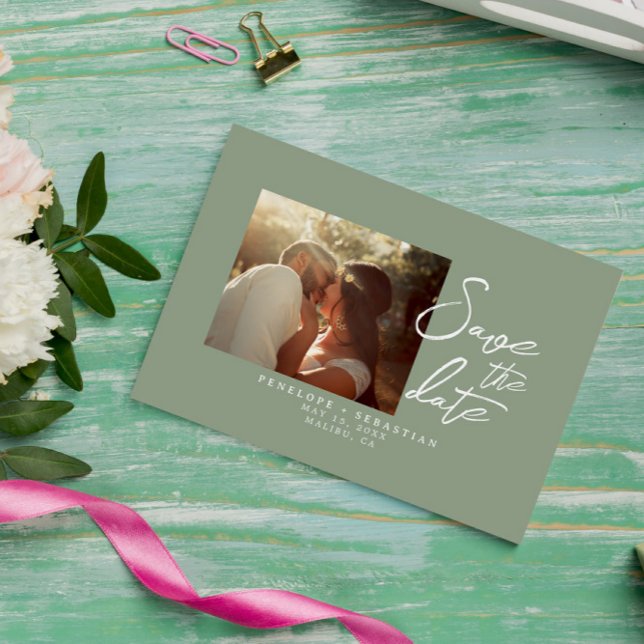Save The Date Simple Sage Green Calligraphy Boho Mariage photo (Créateur téléchargé)