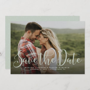 Save the date simple script light green photo card