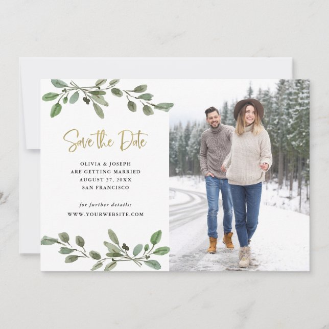 Save The Date Simple verdure aquarelle et photo or (Devant)
