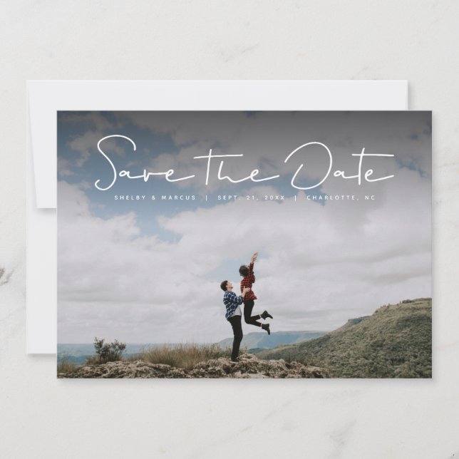 Save the date simple white handlettered photo card (Front)