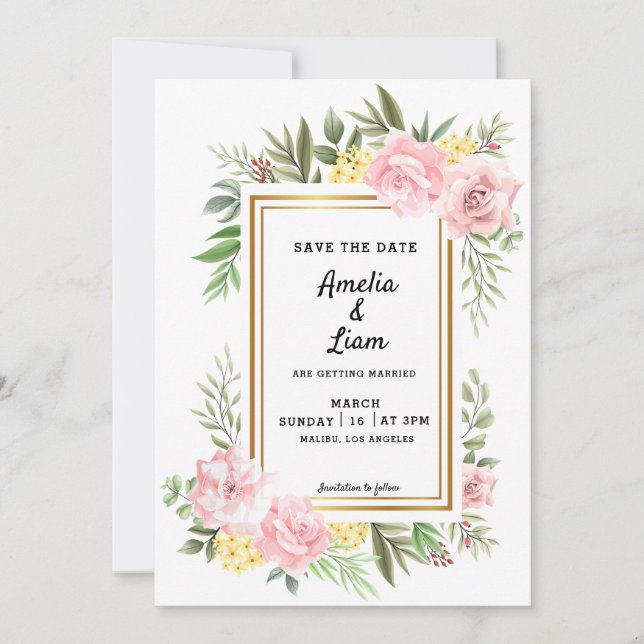 Save The Date Simplement Romantique Rose Fleurie Flore  Mariage (Devant)