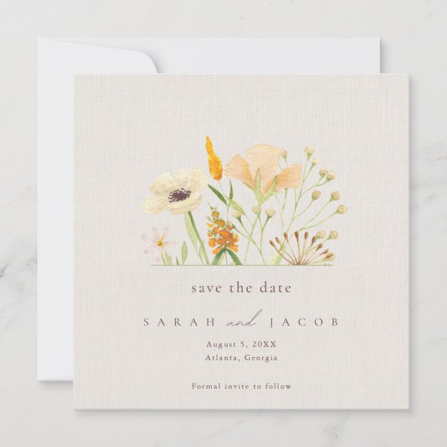 Save The Date Simples Fleurs Sauvages Botanique Mariage  (Devant)