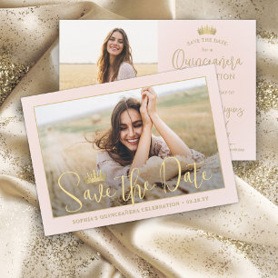 Save The Date Simply Elegant Quinceañera 2 Photo Blush et Gold