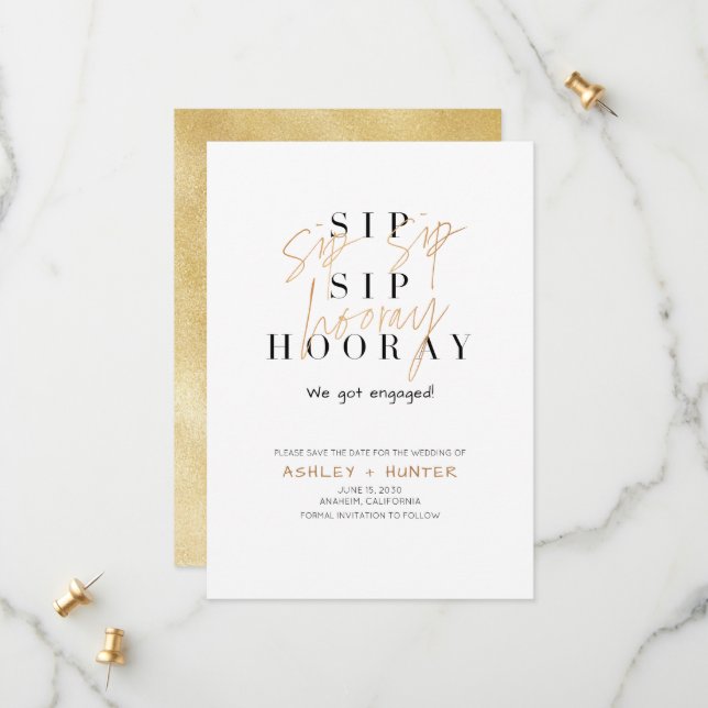Save The Date Sip Sip Hooray Champagne Gold Fiançailles (Devant/Arrière en situation)