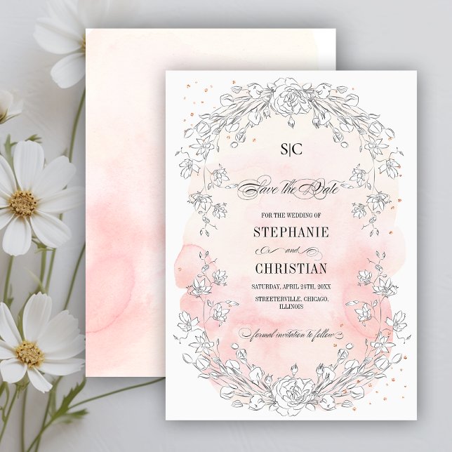Save the Date.Sketched Floral Blush Pink Wedding Invitation (Creator Uploaded)