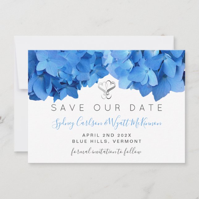 Save The Date Sky Blue Hydrangea Floral Deux Coeurs (Devant)